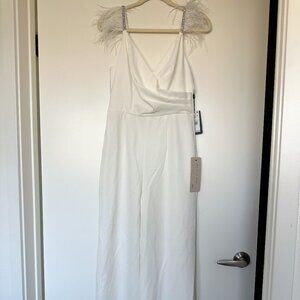 BRAND NEW Crepe Wide Leg Jumpsuit With Bead And Feather Accents In Ivory